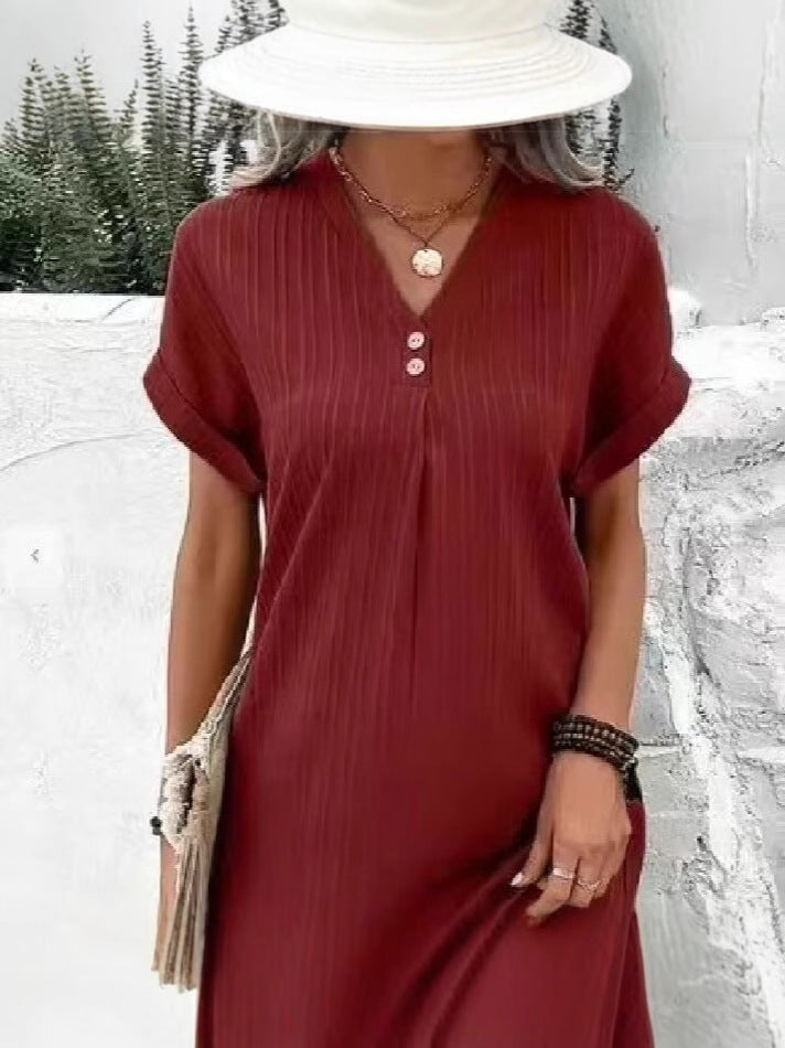 V-Neck Short Sleeve Solid Pullover Button Dress